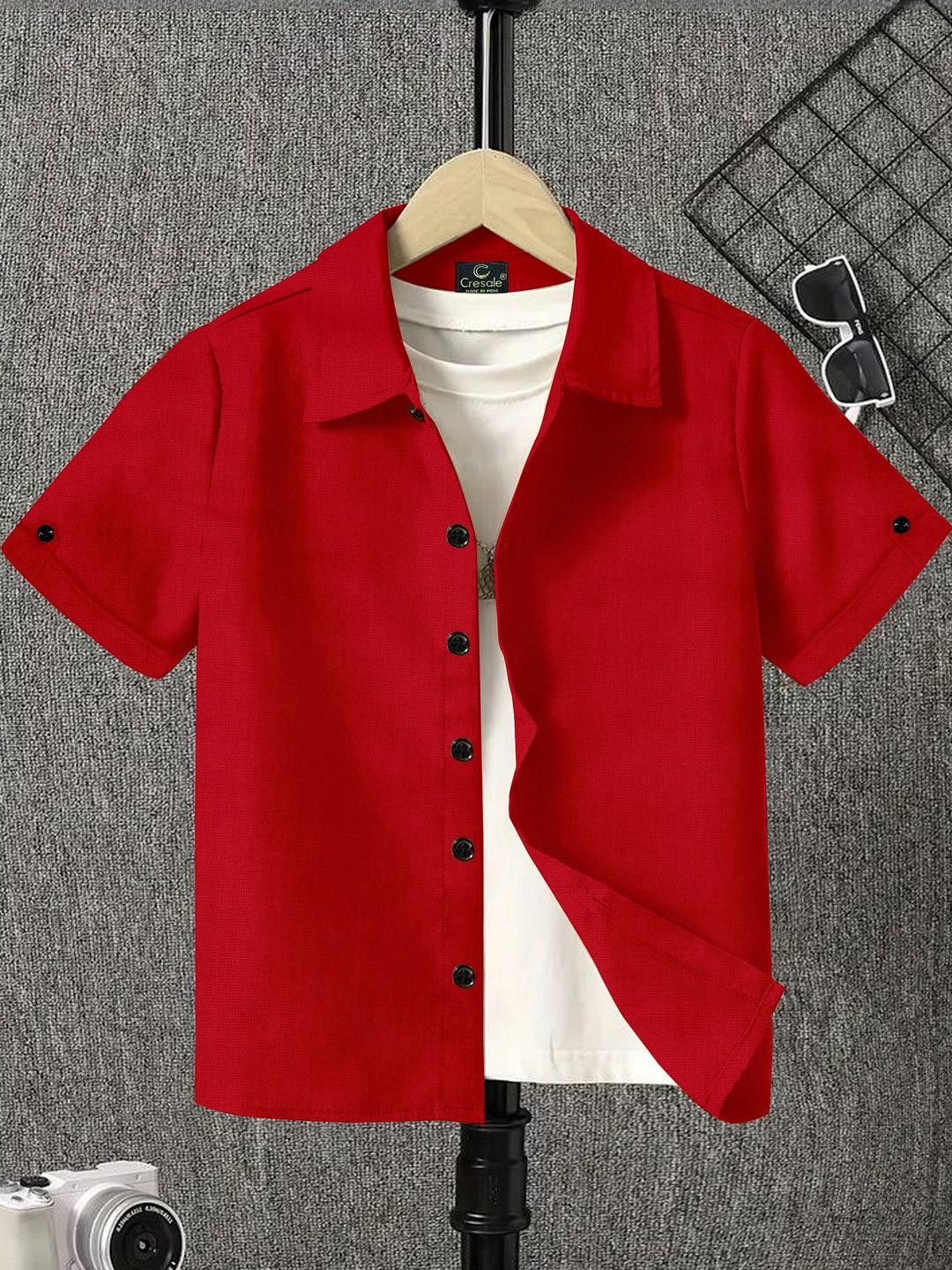 Qurobri Boys Red & White Spread Collar Cotton Casual Shirt