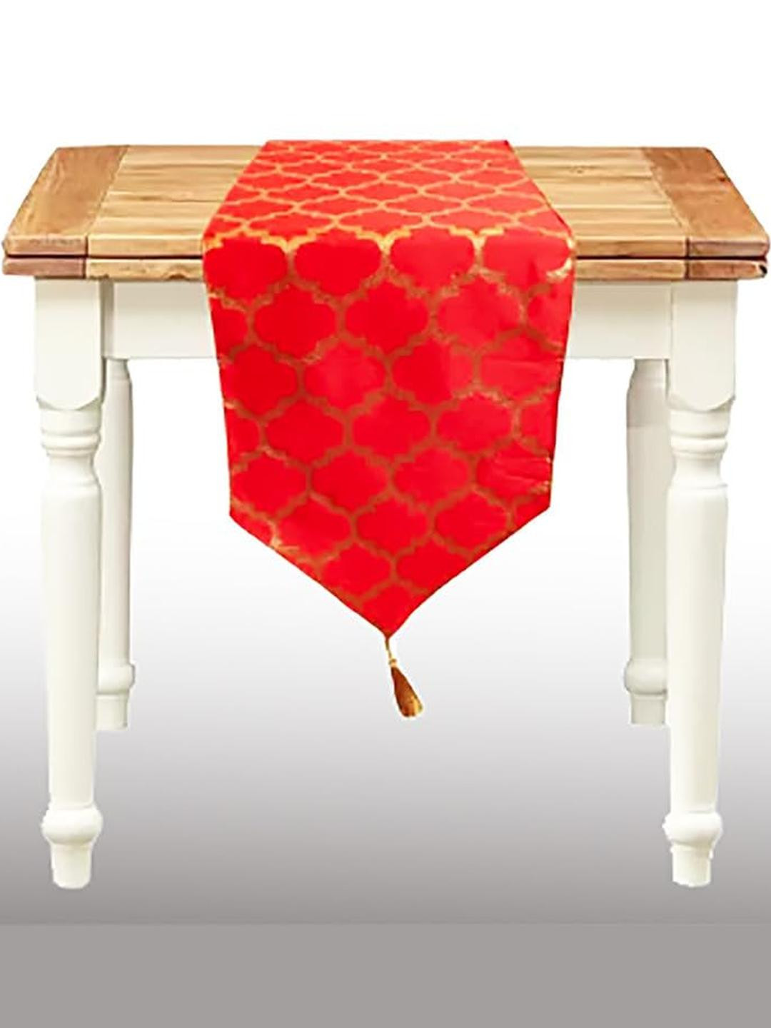 Pink Parrot Red & Gold Printed Jacquard Silk Table Runner