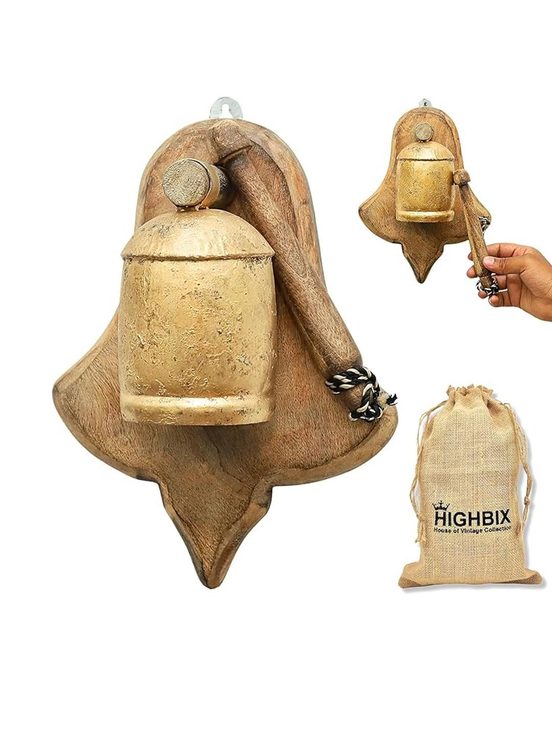 HIGHBIX Vintage Wooden Wall-Mounted Door Bell Rustic Iron & Wood Bell with Striker