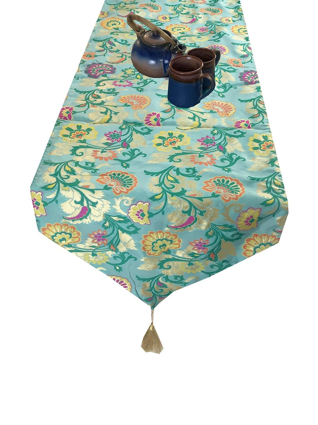 Pink Parrot Green & Gold Toned Ethnic Motifs Table Runner With Tassels