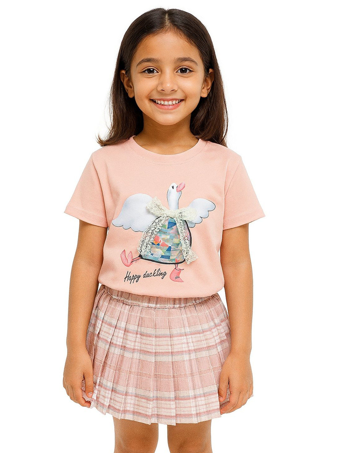 POP STREET KIDS Duckling DayDream Girls Printed Round Neck T-shirt With Skirt