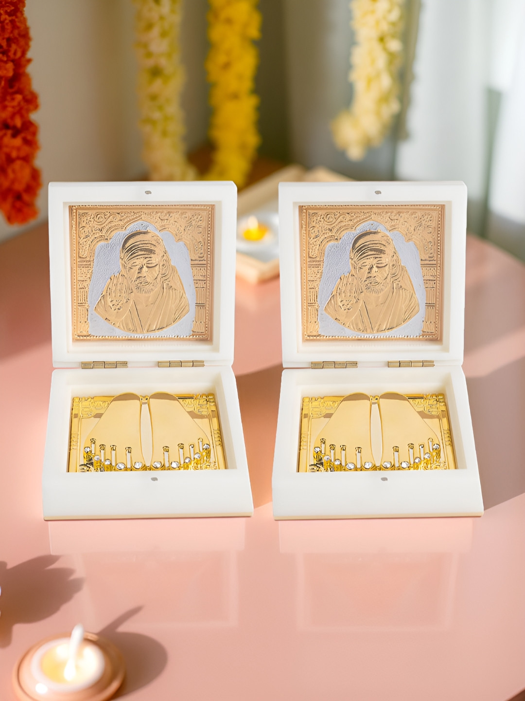 Golden Peacock 2Pcs White & Yellow 24 Ct Wooden Sai Baba Prayer Box