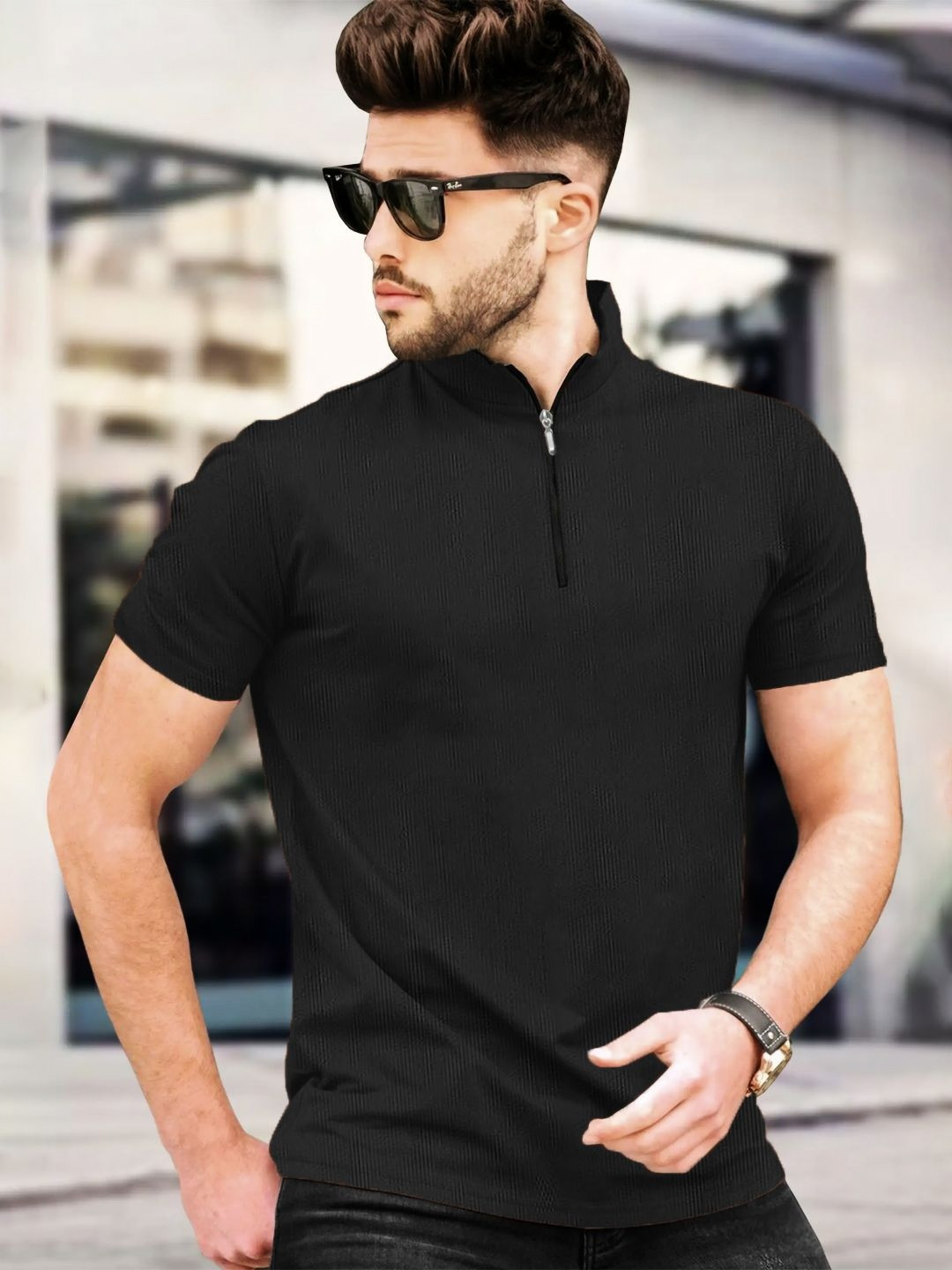 Leotude Men Self Design High Neck T-shirt