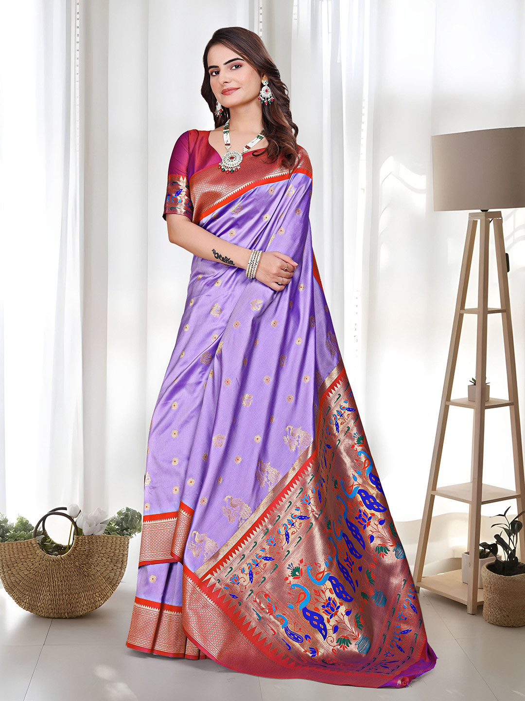WLEMIRA Woven Design Zari Pure Silk Paithani Saree