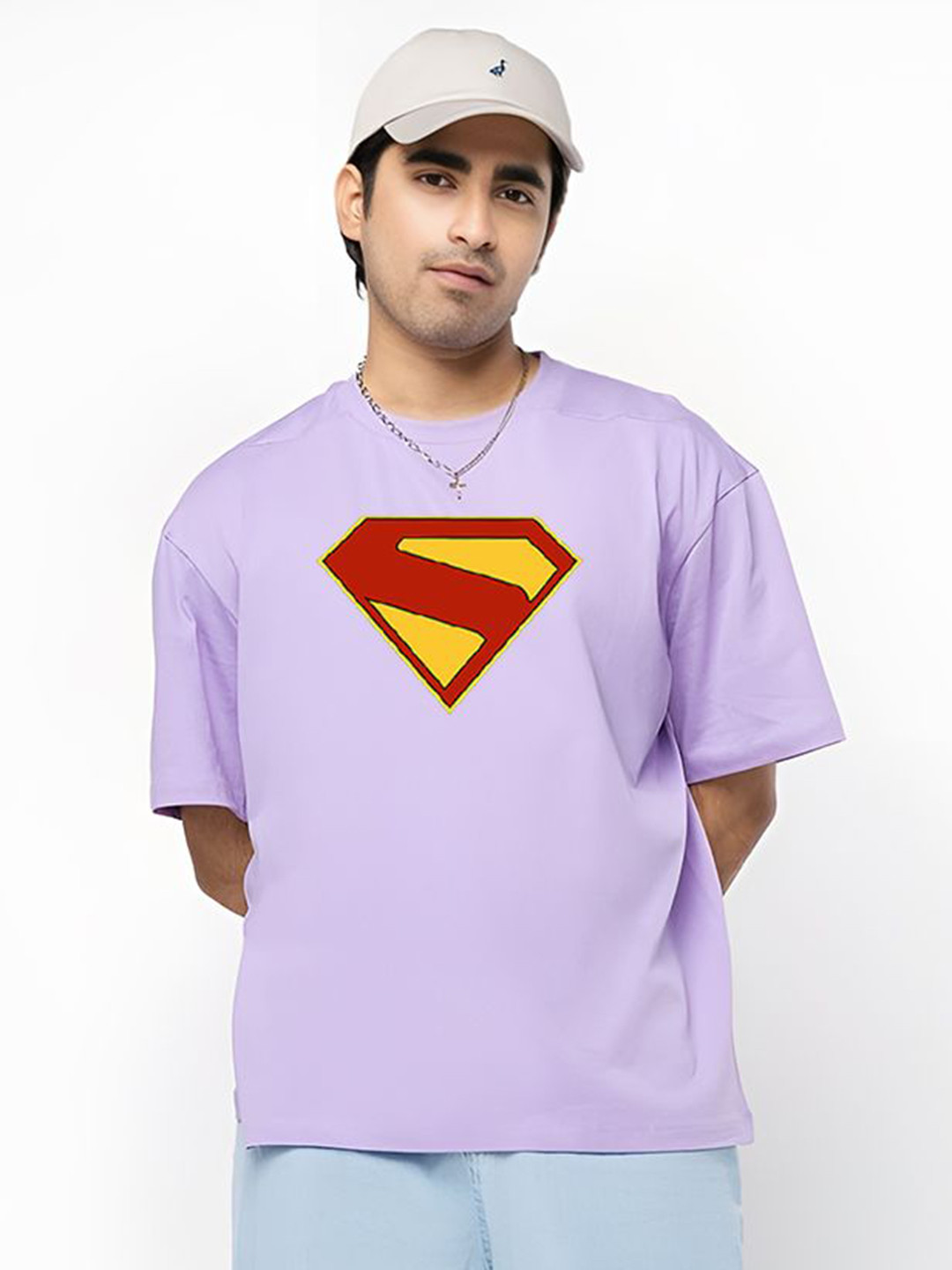 BDSQUARE Superman Graphic Printed Drop-Shoulder Sleeves Oversized Cotton T-shirt