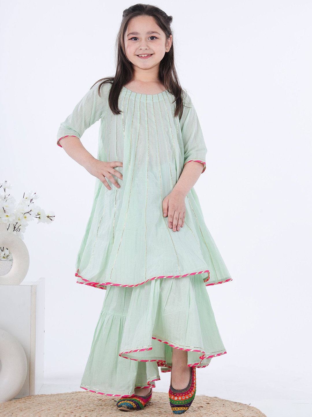 Kalp Najma Girls Round Neck Gotta Patti Panelled A-Line Kurta With Sharara