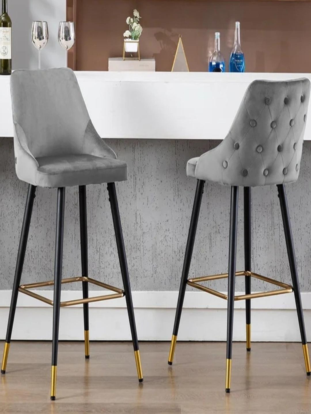 DOE BUCK Grey With Black & Gold Legs Set Of 2 Wood Velvet Tufted Bar Chairs