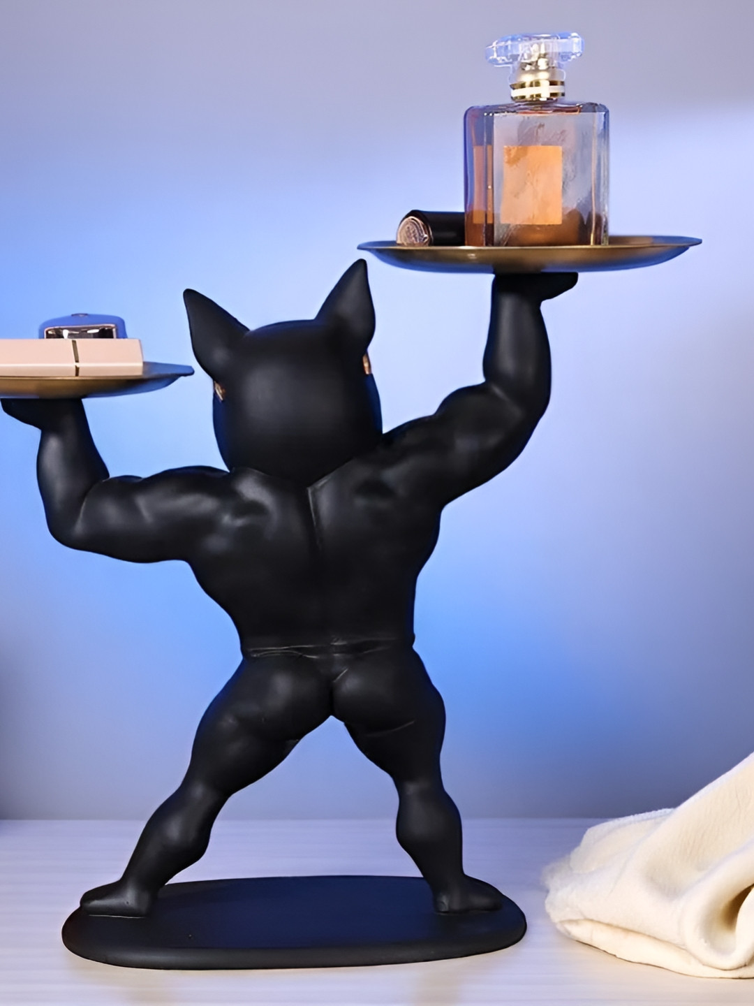 SkyKey Black Figurine Bodybuilder Bulldog Tray Showpiece