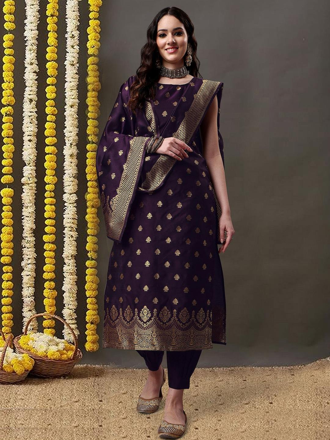 LEAFFEB Women Ethnic Motifs Pure Silk Kurti Set