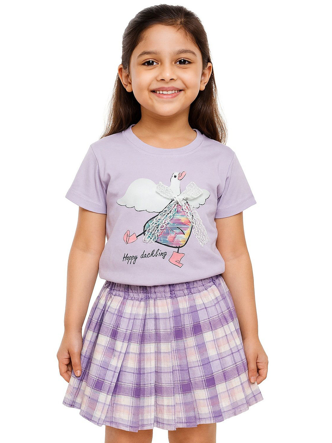 POP STREET KIDS Duckling DayDream Girls Printed Round Neck T-shirt With Skirt