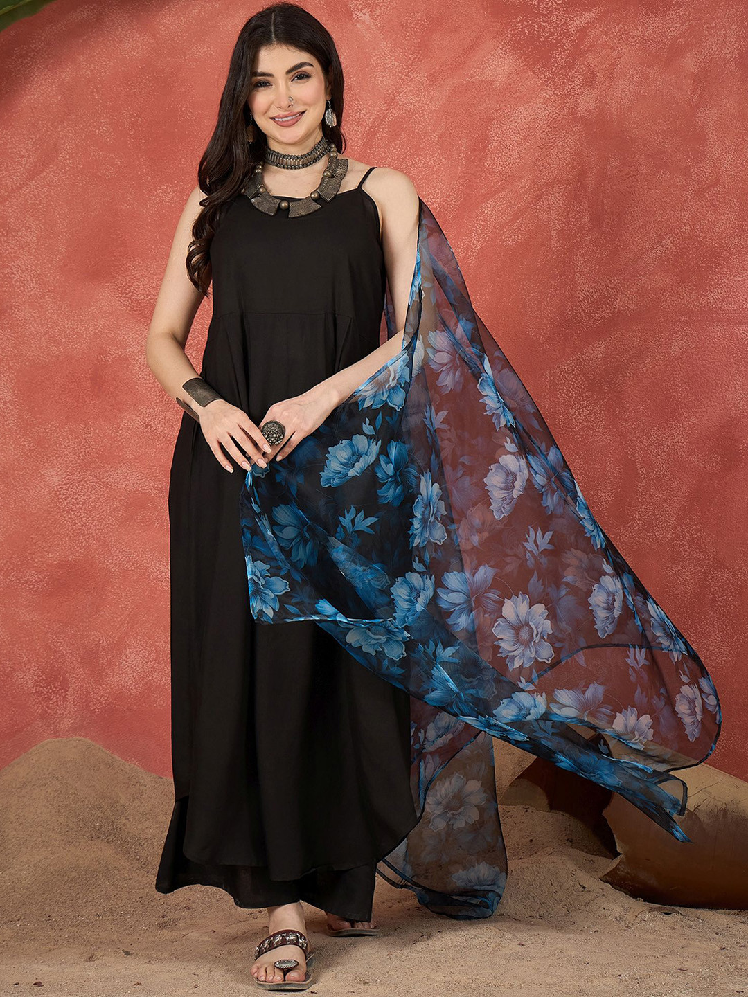 InWeave Women Shoulder Straps Anarkali Kurta with Palazzos & Floral Print Organza Dupatta