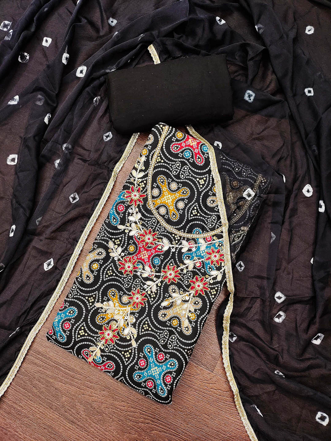 Maroosh Bandhani Printed Sequinned Jam Cotton Unstitched Dress Material