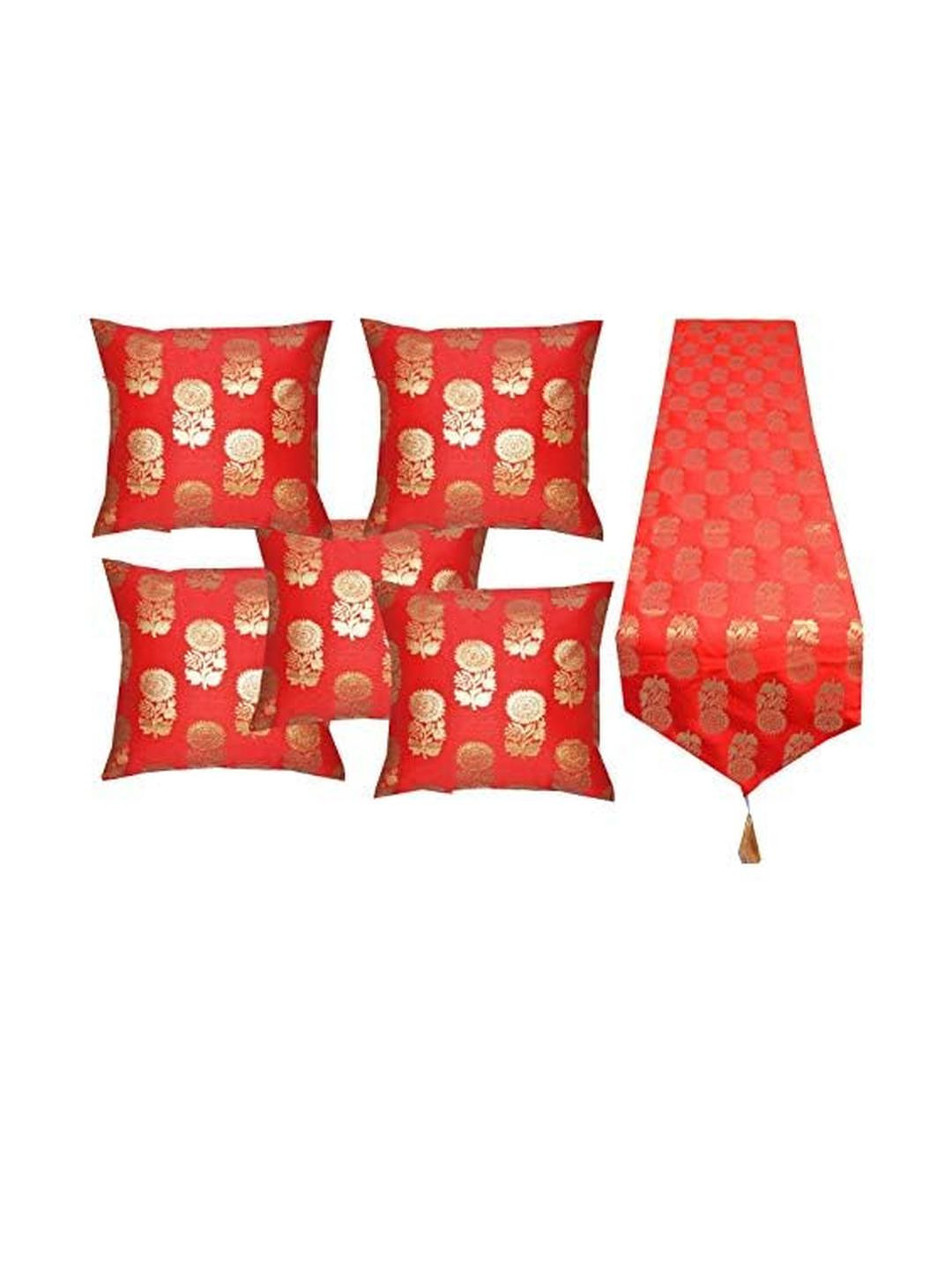 Pinkparrot Pack of 5 Red Cushion Covers With Jacquard Silk Table Runner