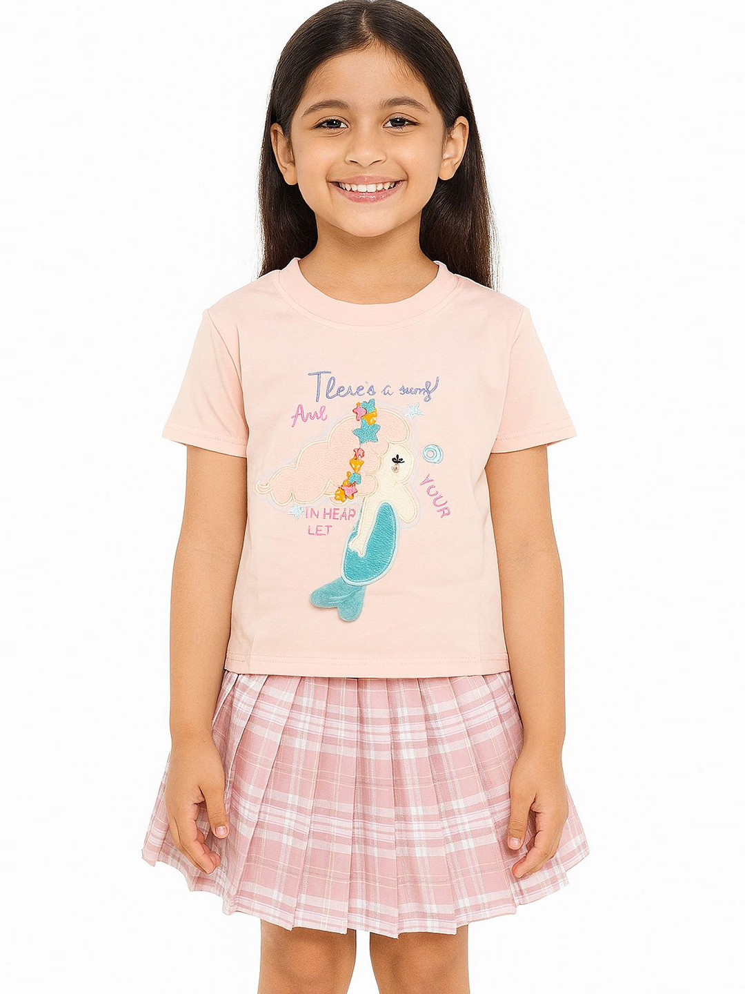 POP STREET KIDS Mermaid Plaid Magic Girls Embellished Round Neck T-shirt With Skirt