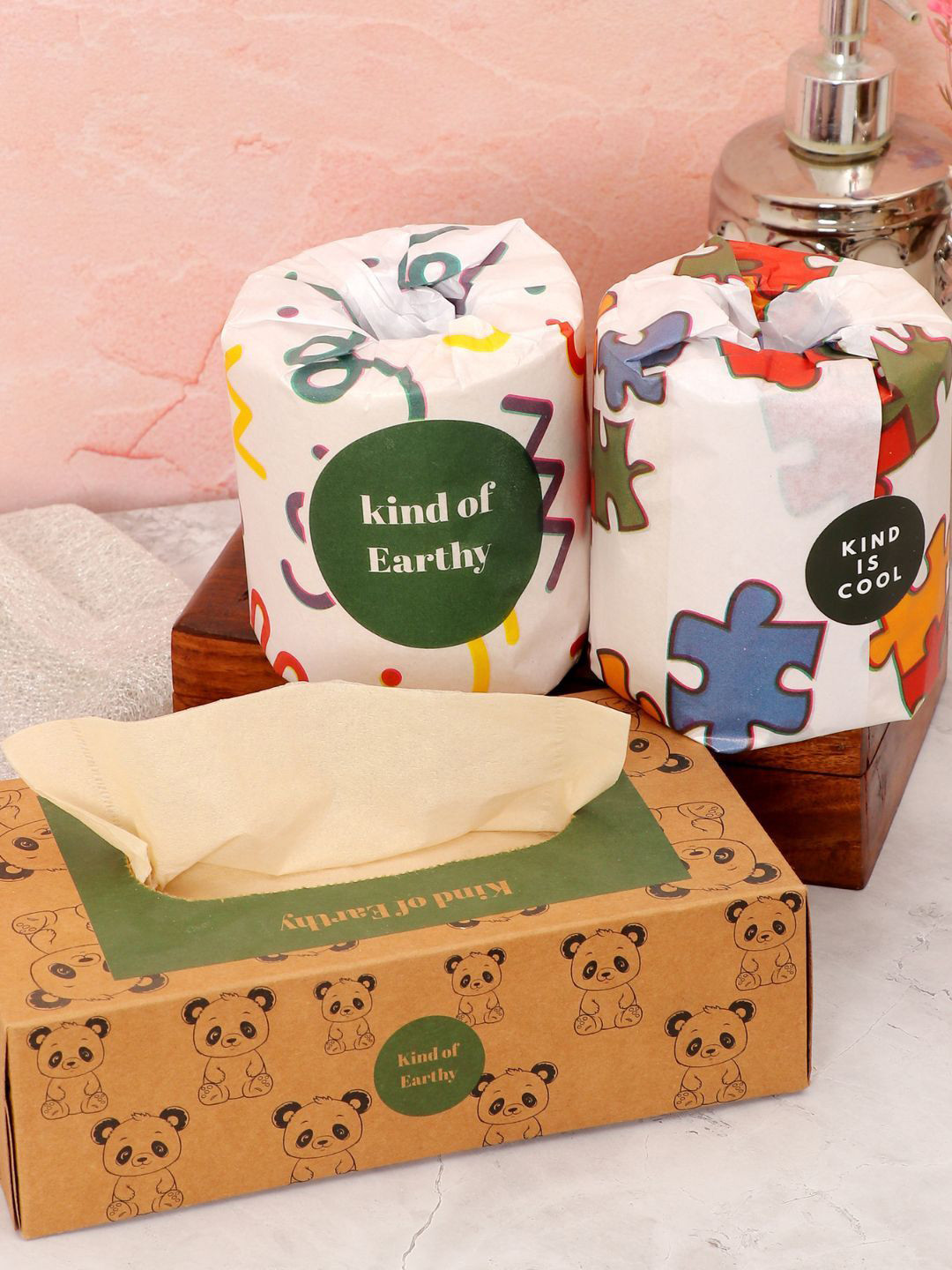 Kind of Earthy Set Of 3 Bamboo Facial Tissues Paper Box & Rolls - 100 Pulls Each