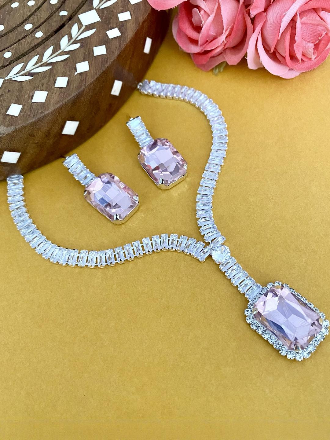 Varnii Elegant Silver Plated Delicate Pink Stone Necklace with Earrings