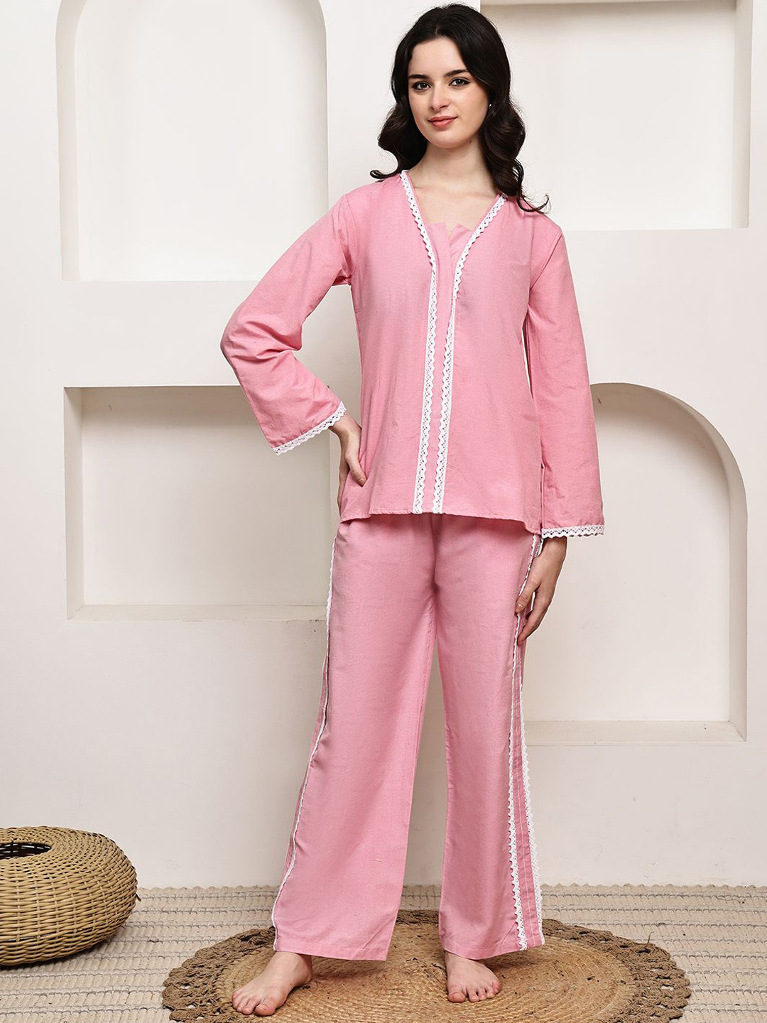 ETC Women Solid V-Neck Night suit with Lace Trim, Top and Pyjama, Sleepwear Loungewear