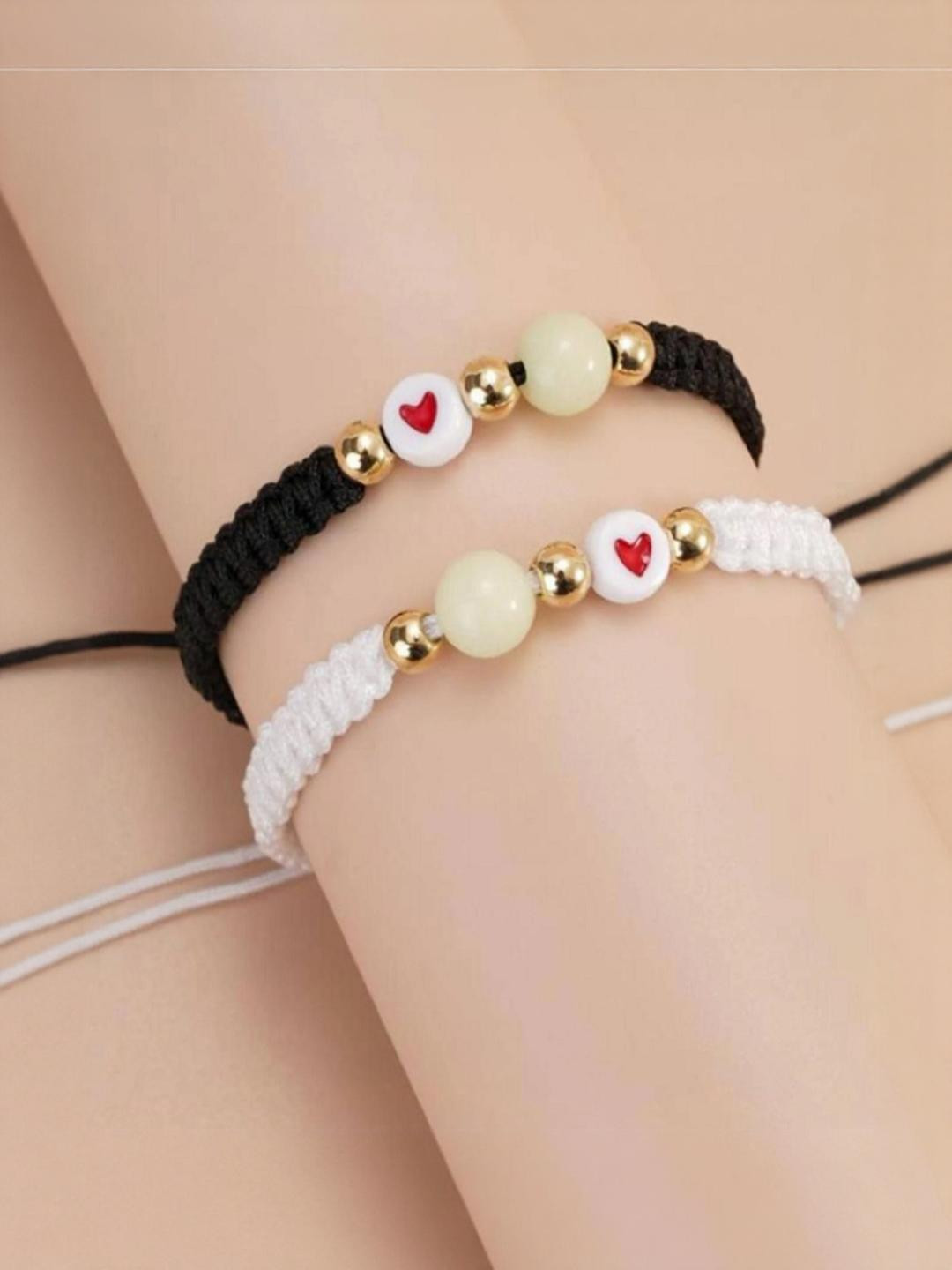 Beadzzz Unisex Combo of  Black & White Glow Beads Drawstring Bracelet