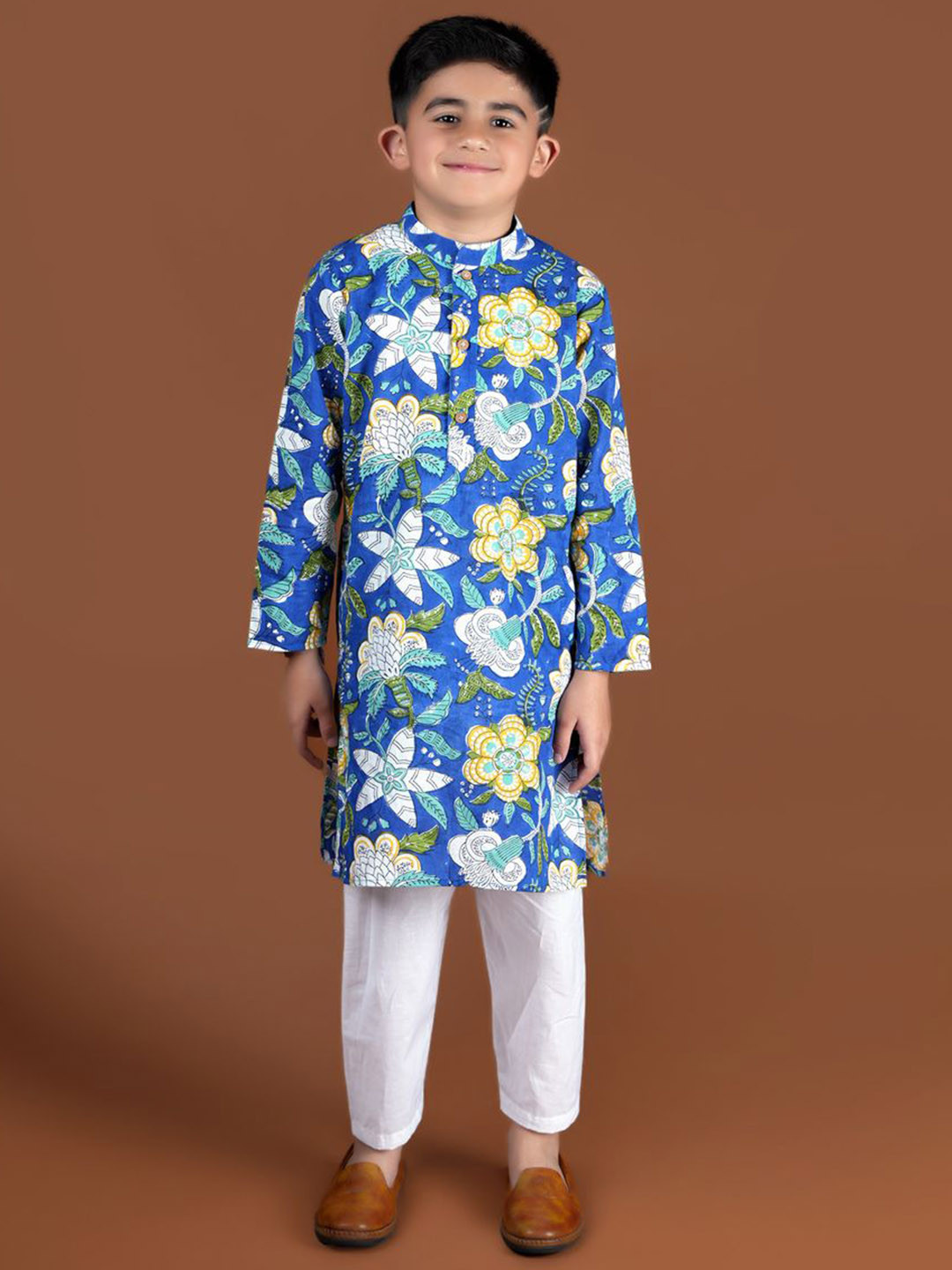 Kalp Boys Royal Blue Block Printed Kurta Set