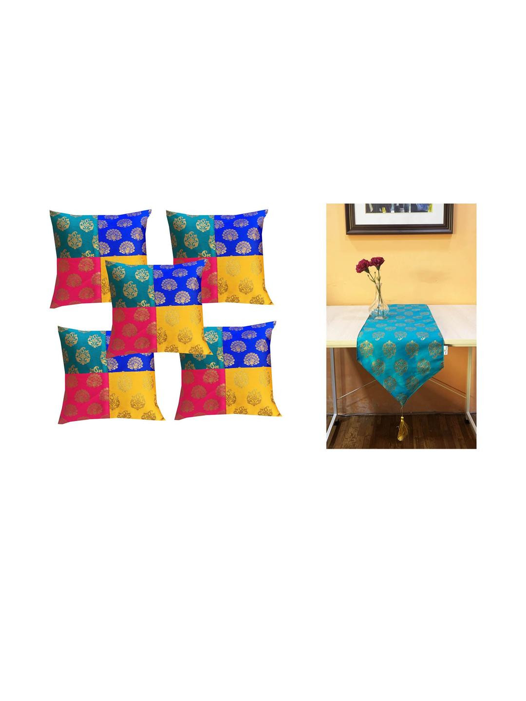 Pink Parrot Multi Ethnic Motifs Polyester Jacquard silk table runner And 5 cushion covers