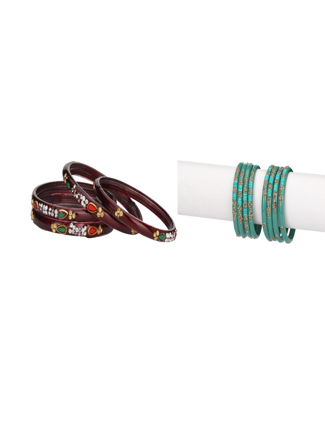 SOMIL Set Of 12 Maroon and Turquoise Blue Glass Artificial Stones Bangles
