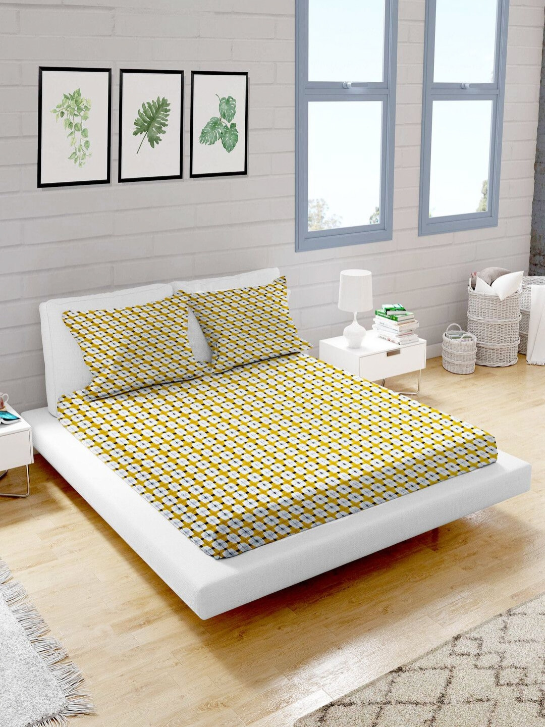 Threadwear Essential Series Yellow Geometric Cotton 400 TC King Bedsheet Set-2.70mx2.50m