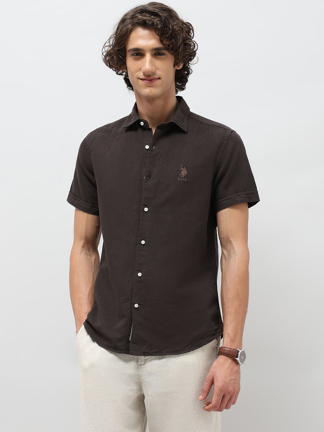 U.S. Polo Assn. Denim Co. Slim Fit Short Sleeves Cotton Linen Casual Shirt