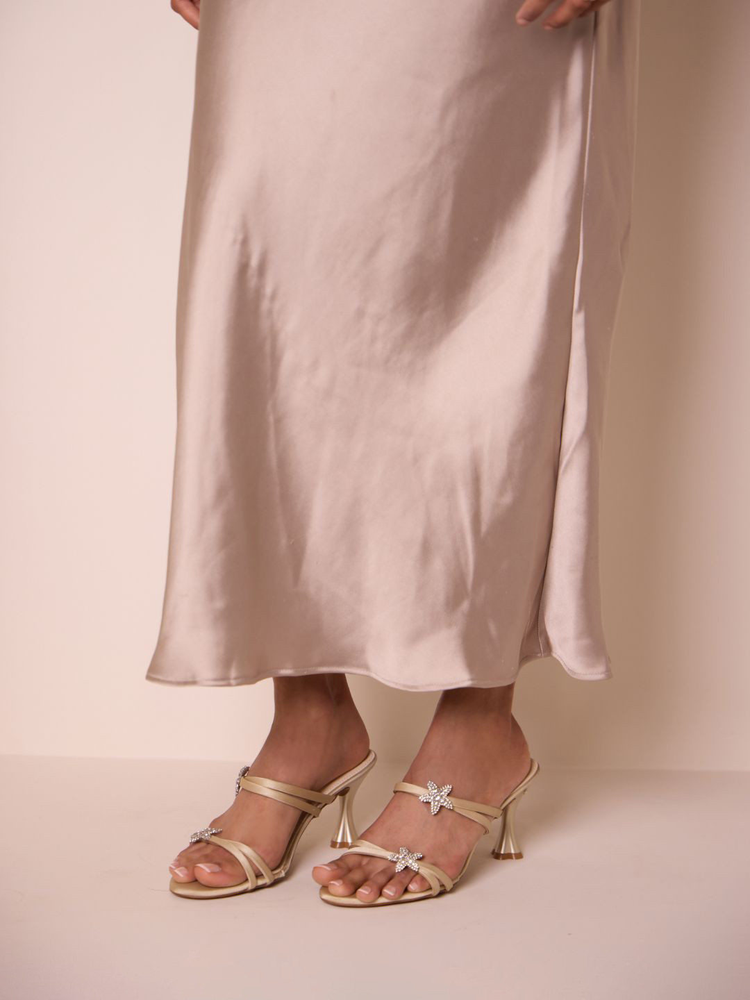 CAI Women Western Embellished Starry Gold Satin Kitten Heels Sandals