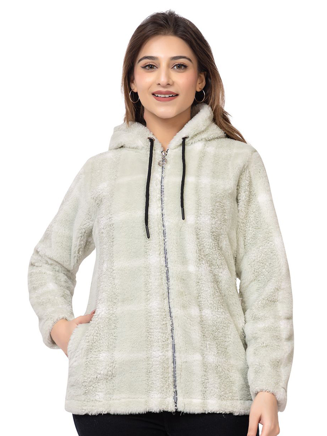 LO G LO Women Checked Hooded Front-Open Sweatshirt