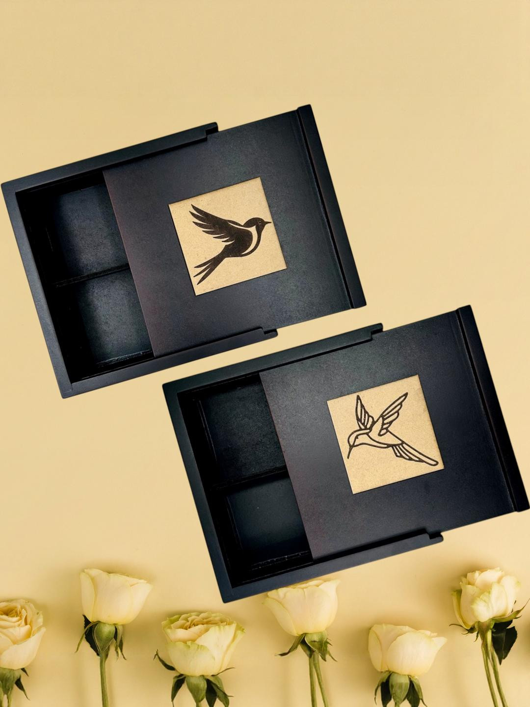 Angira handicrafts Set of 2 Black 4 Section Multipurpose Wooden Square Box