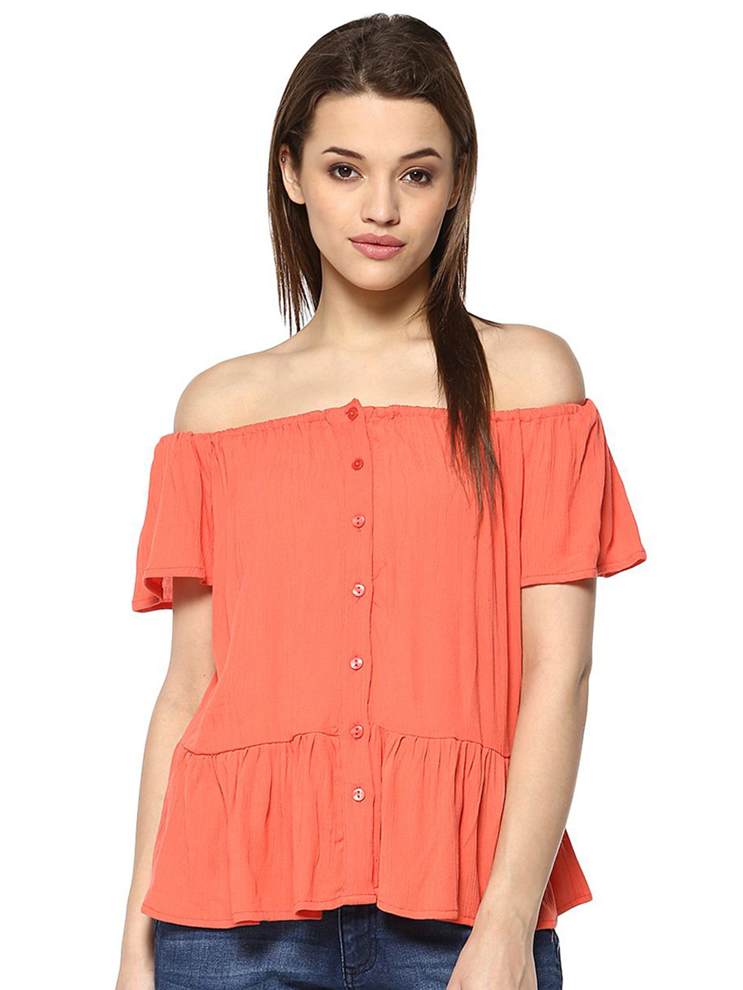 R.Code by The Roadster Life Co. Women Off-Shoulder Flared Sleeve Bardot Top