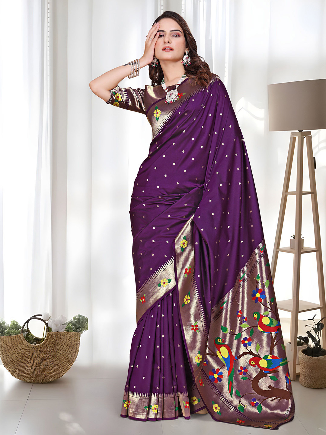 WLEMIRA Woven Design Zari Art Silk Paithani Saree With Blouse Piece