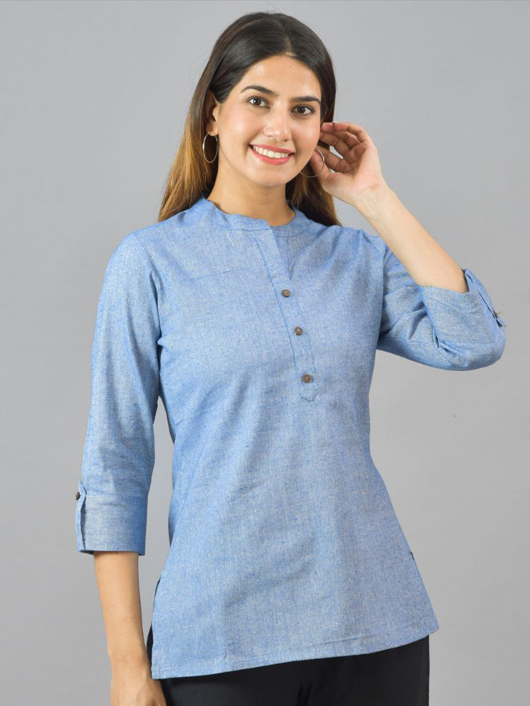 Anouk Rustic Mandarin Collar Roll-Up Sleeves Cotton Top