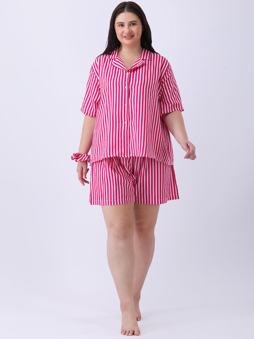 Qurvii+ Women Plus Size Striped Lapel Collar Nightsuits