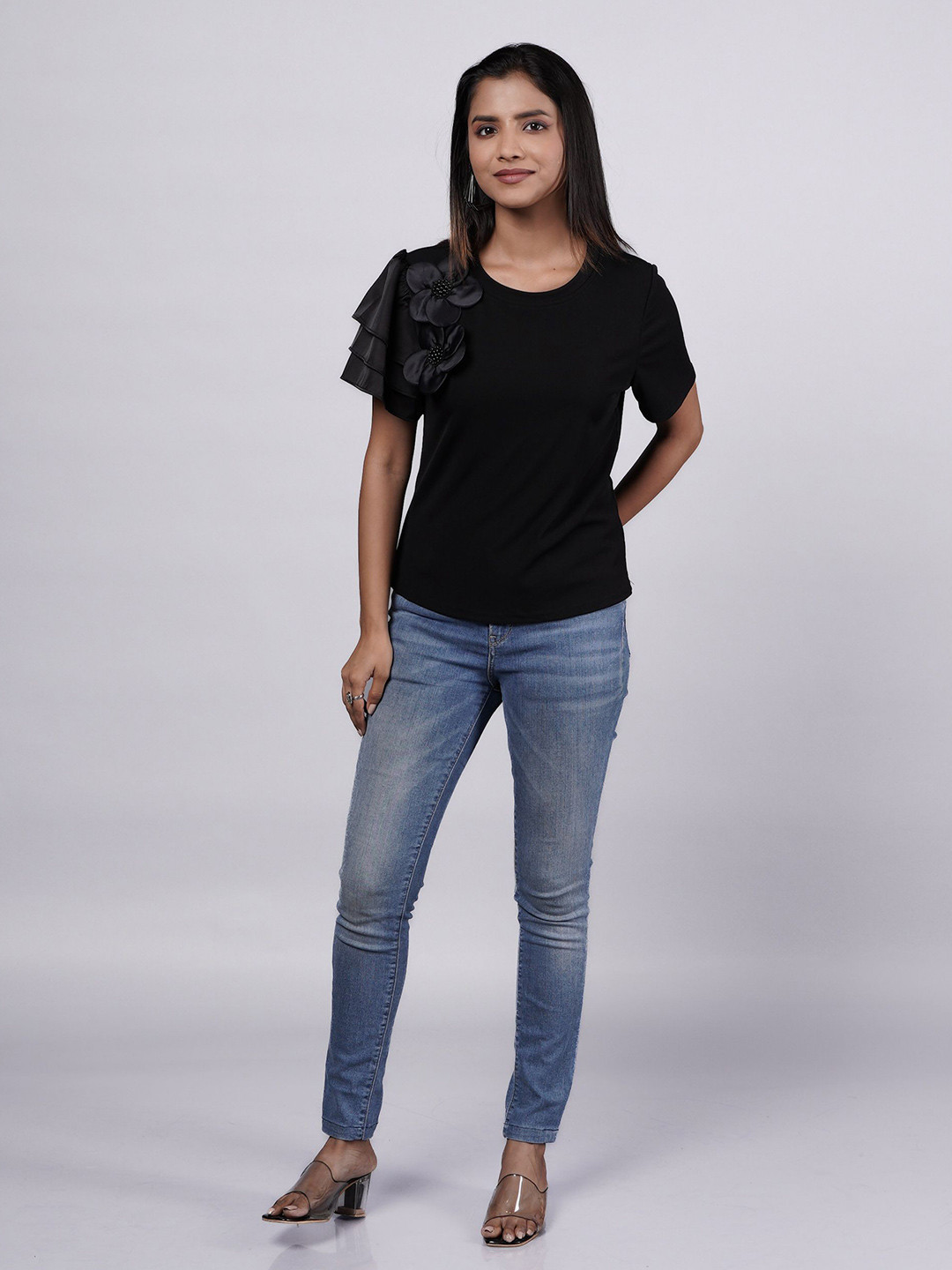 French Theory Women Applique Ruffle Round Neck Cotton Top