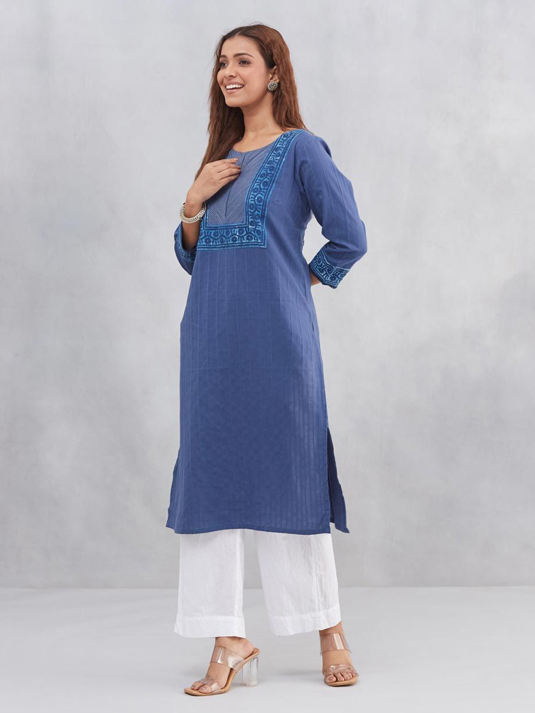 Fabindia Indigo Dabu Floral Yoke Design Round-Neck Cotton Straight Kurta