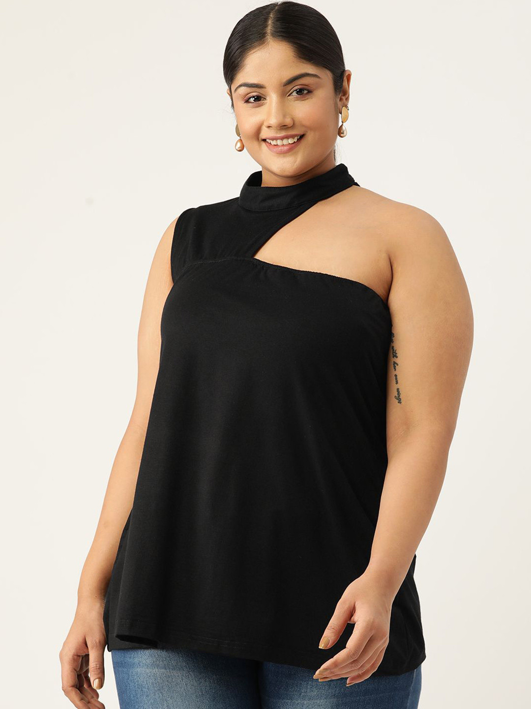 theRebelinme Women Plus Size One Shoulder Sleeveless Longline Top