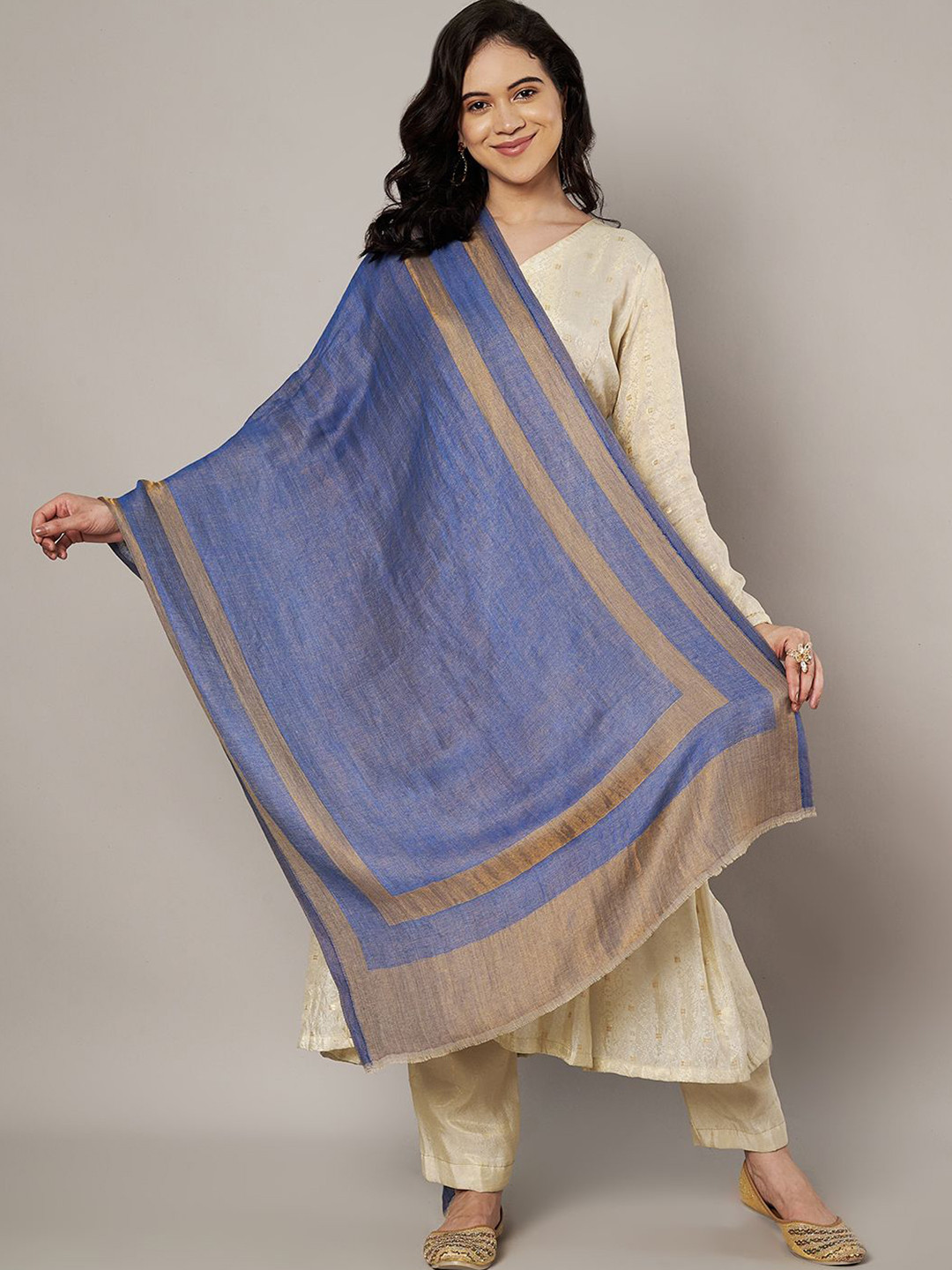 MUFFLY Women Zari Twilight Reversible Wool Stole with Antique Border