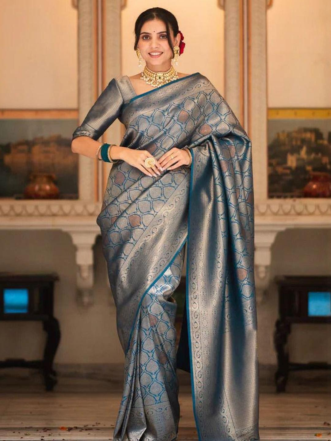 SHOPONBIT Blue Banarasi Designer Saree