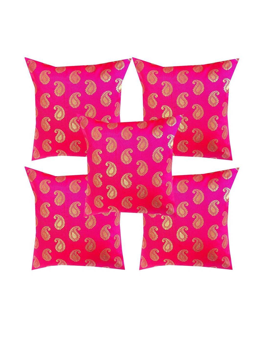 Pink Parrot Pink & Golden Pack Of 5 Ethnic Motifs Printed Square Cushion Covers