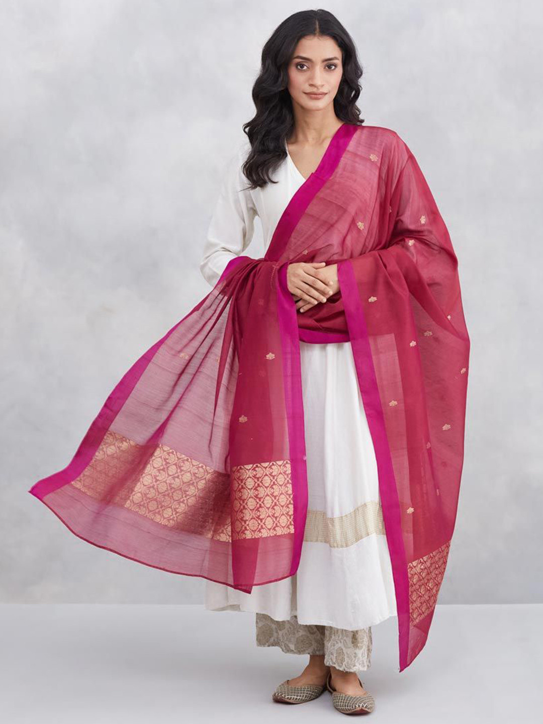 Fabindia Floral Woven Design Zari Cotton Silk Banarsi Dupatta