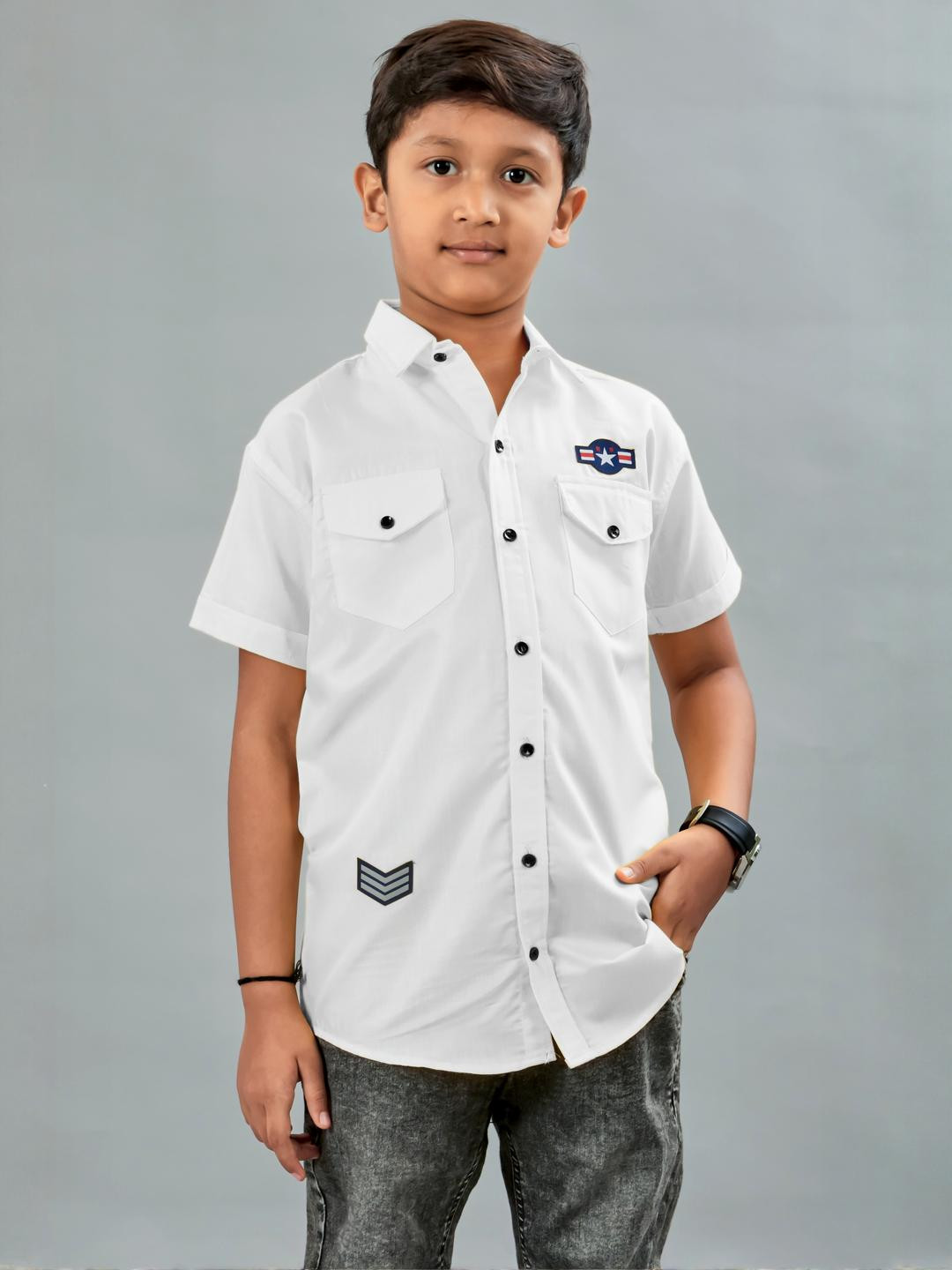 Qurobri Boys White Solid Spread Collar Short Sleeves Comfort Casual Shirt