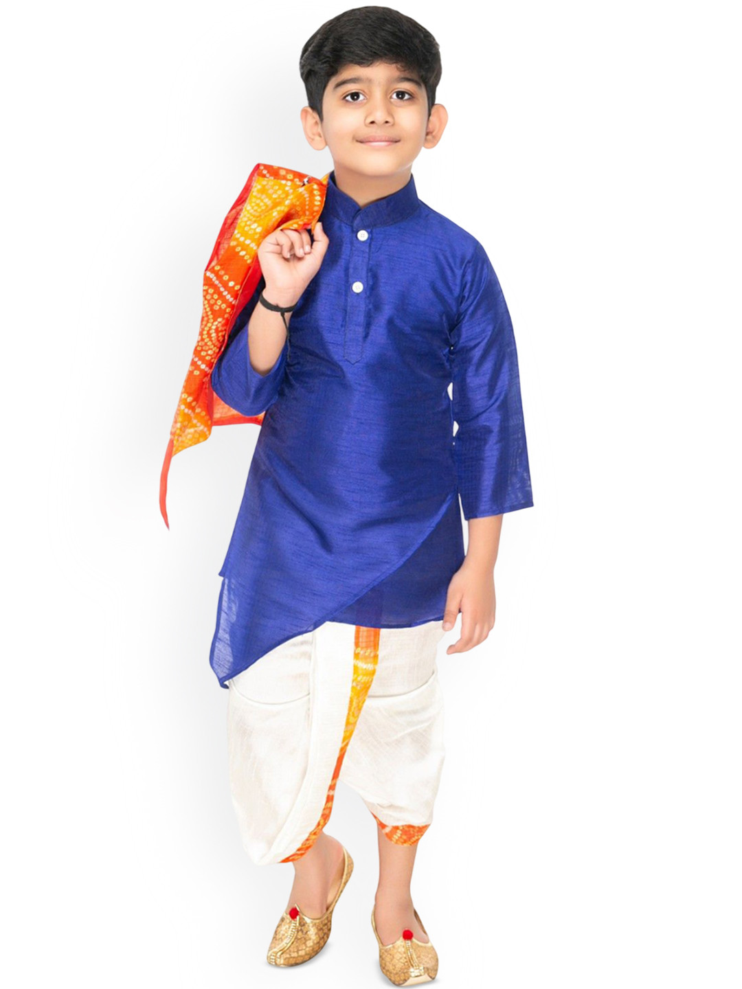 NEW GEN Boys Mandarin Collar A-Line Kurta With Dhoti Pants & Jacket