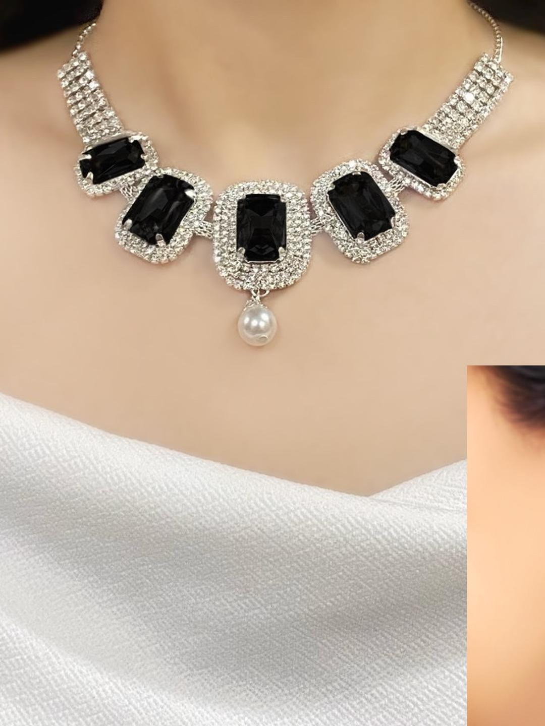 Varnii Silver plated Black Stone Statement Choker Necklace Set With Earrings