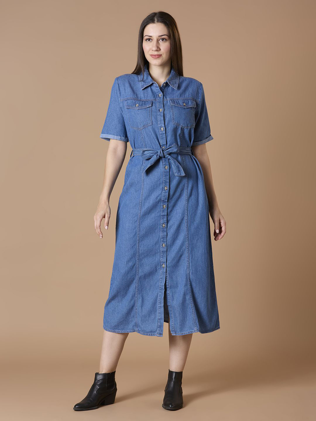 Dream of Glory Inc Roll-Up Sleeves Belted Denim Shirt Midi Dress