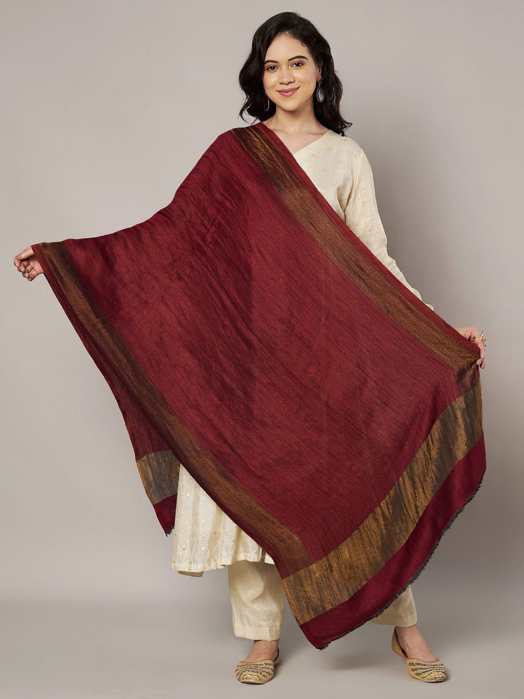 MUFFLY Women Zari Twilight Solid Wool Stole with Golden Border