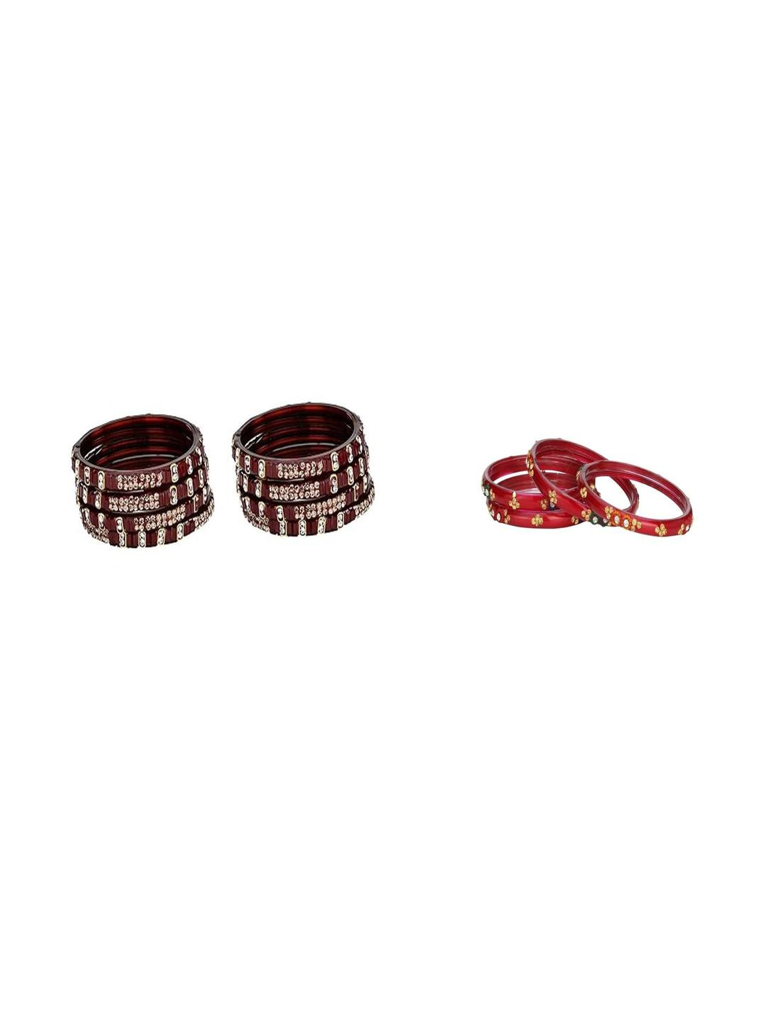 Somil Set of 12 Maroon & Red Glass Artificial Stones And Beaded Bangles Set