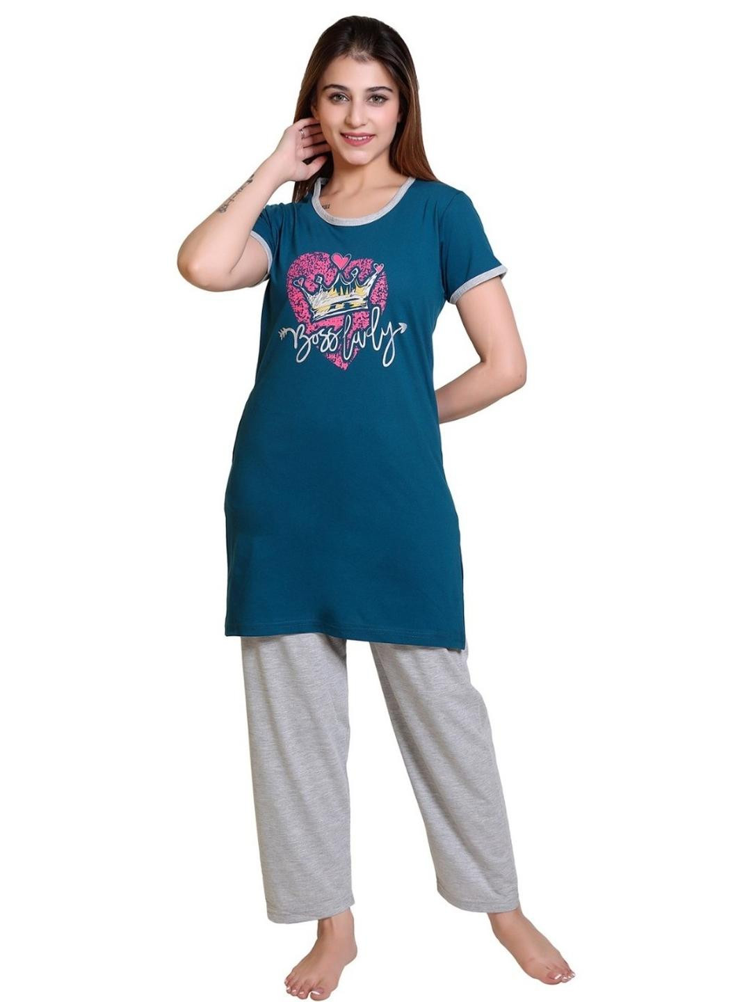 E-MAX Women Blue Cotton Printed Night suit