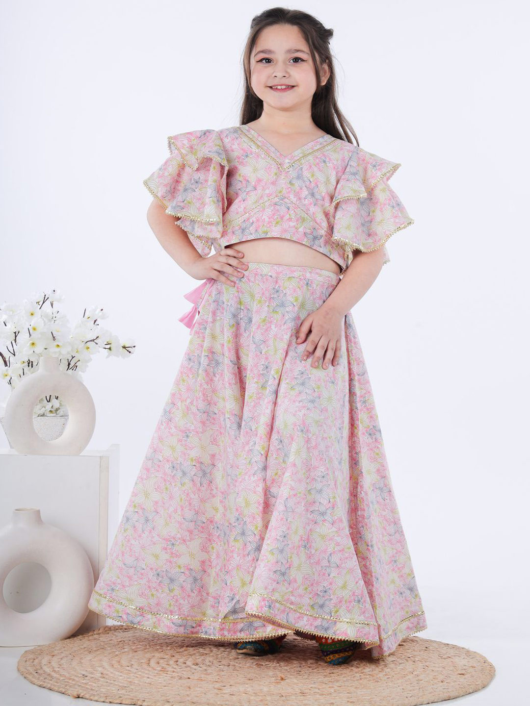 Kalp Girls Floral Printed Gotta Patti Cotton Bell Sleeves Ready to Wear Lehenga Choli