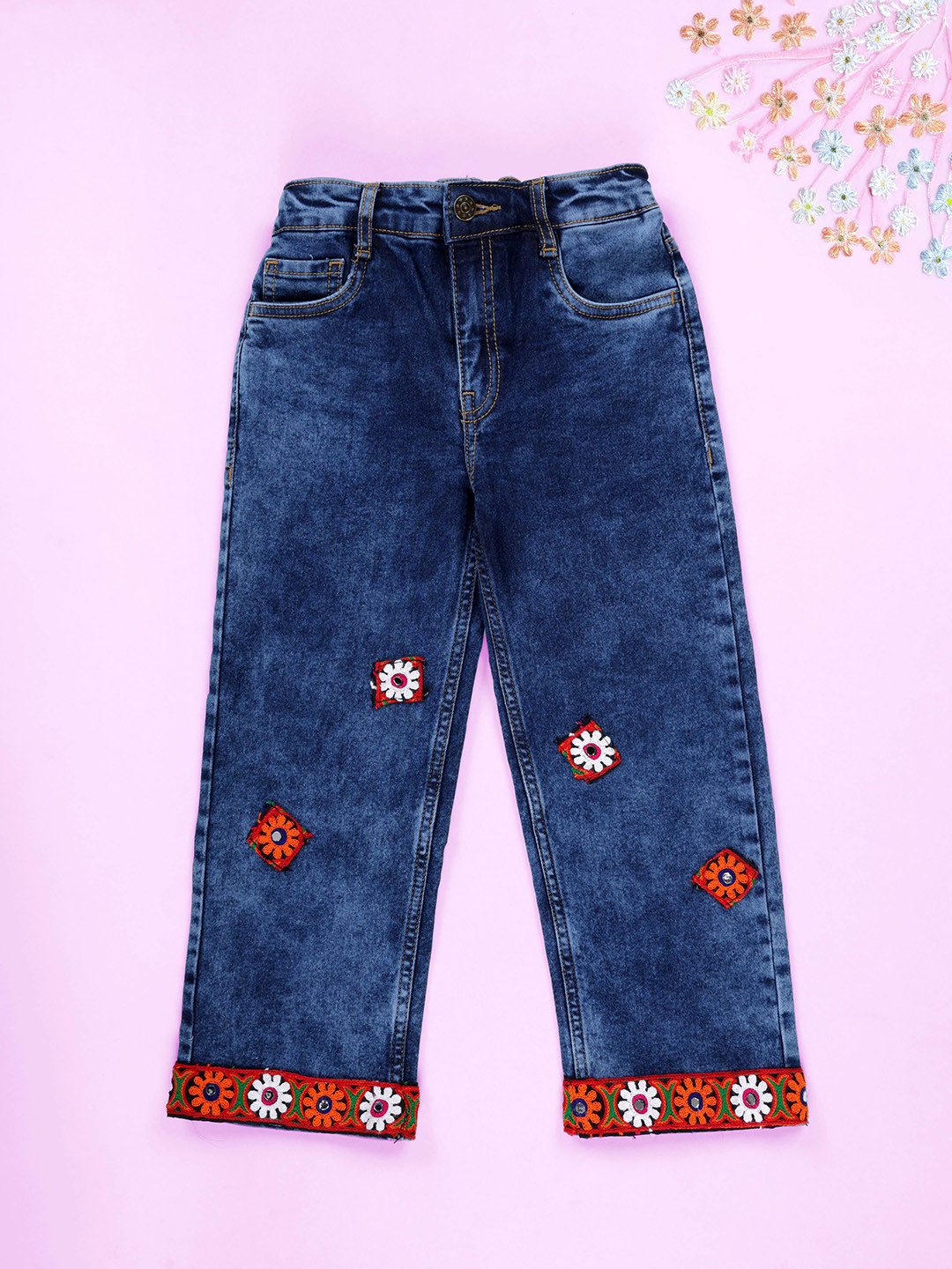 KiddoPanti Girls Straight Fit Embroidered Light Fade Stretchable Jeans With Ethnic Lace